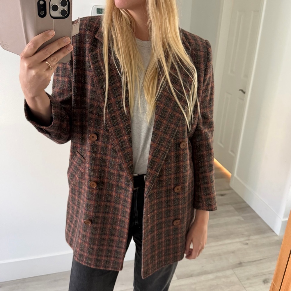 Vintage 70's Plaid Wool Double Breasted Coat Peacoat Size M Gray Brown Retro